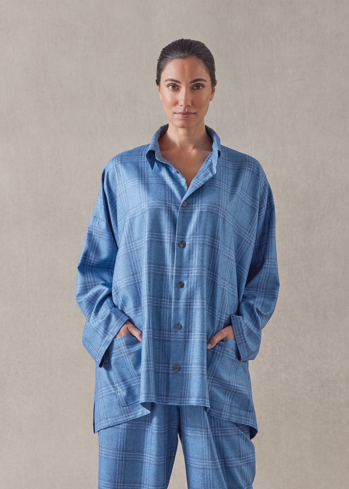 silk cashmere wide a-line shirt jacket with collar - long (bluemix)