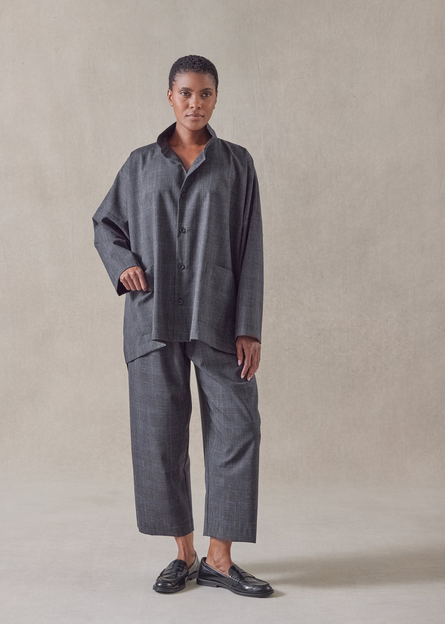 wool linen wide longer back double stand collar shirt jacket mid plu