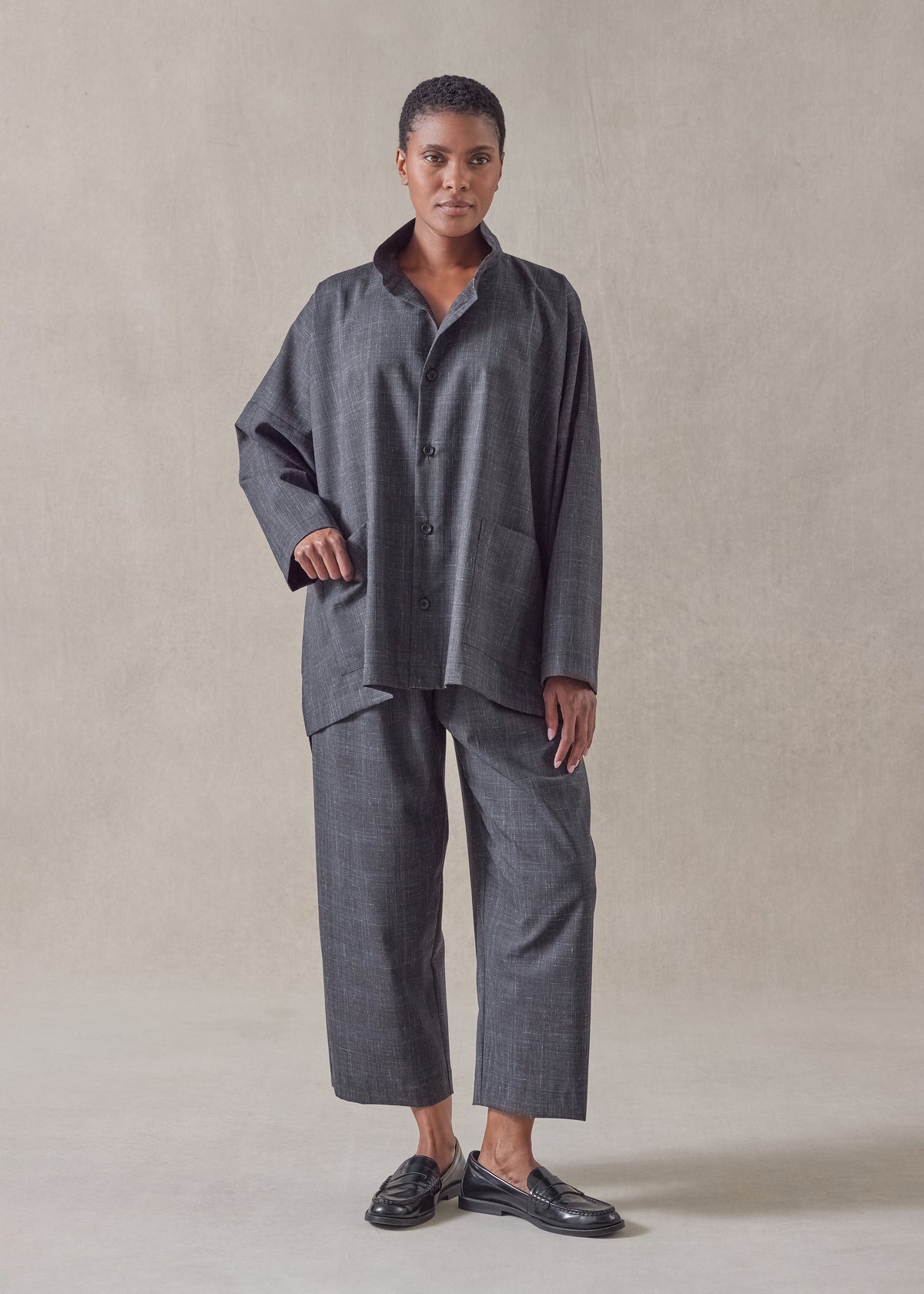 wool linen wide longer back double stand collar shirt jacket - mid plus