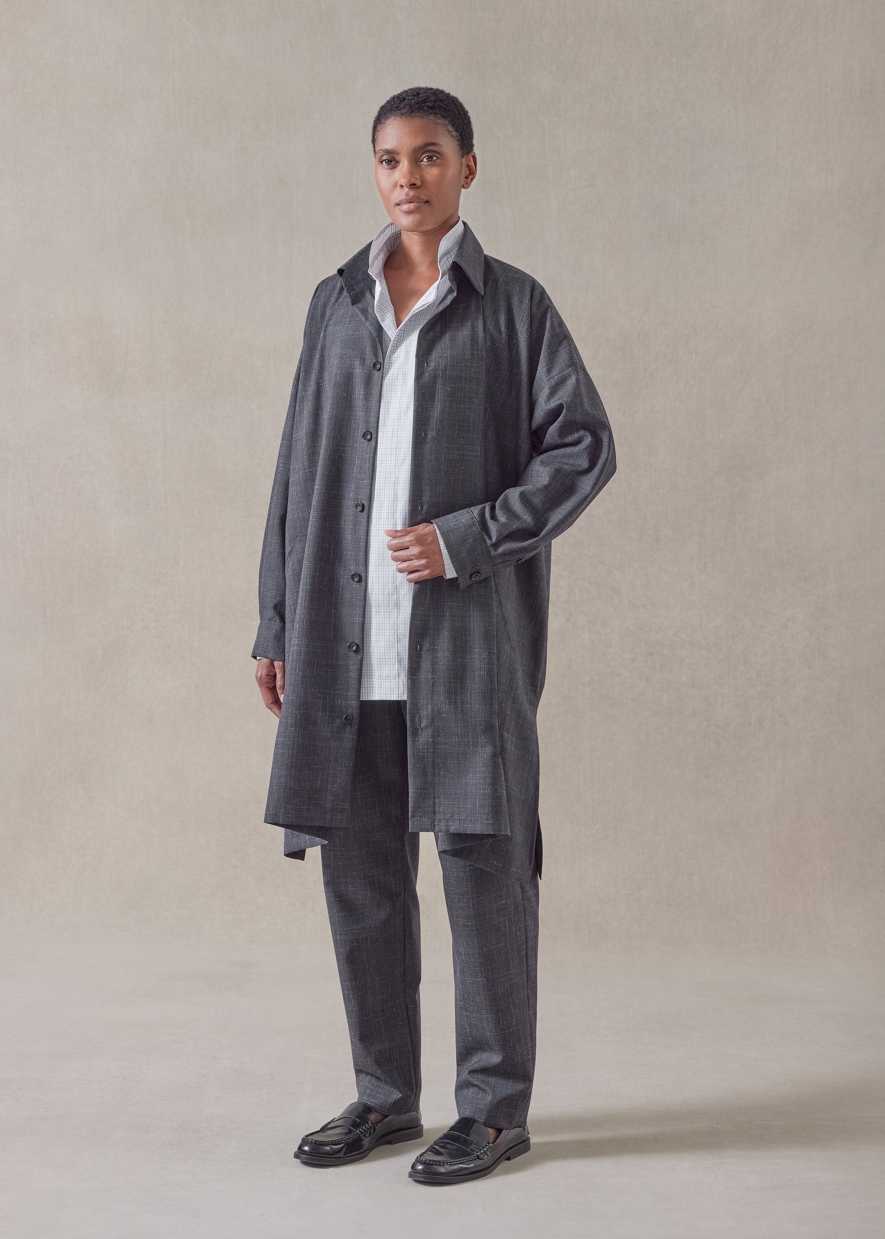wool linen wide a-line shirt jacket with collar - very long with slits wool linen wide a-line shirt jacket with collar - very long with slits