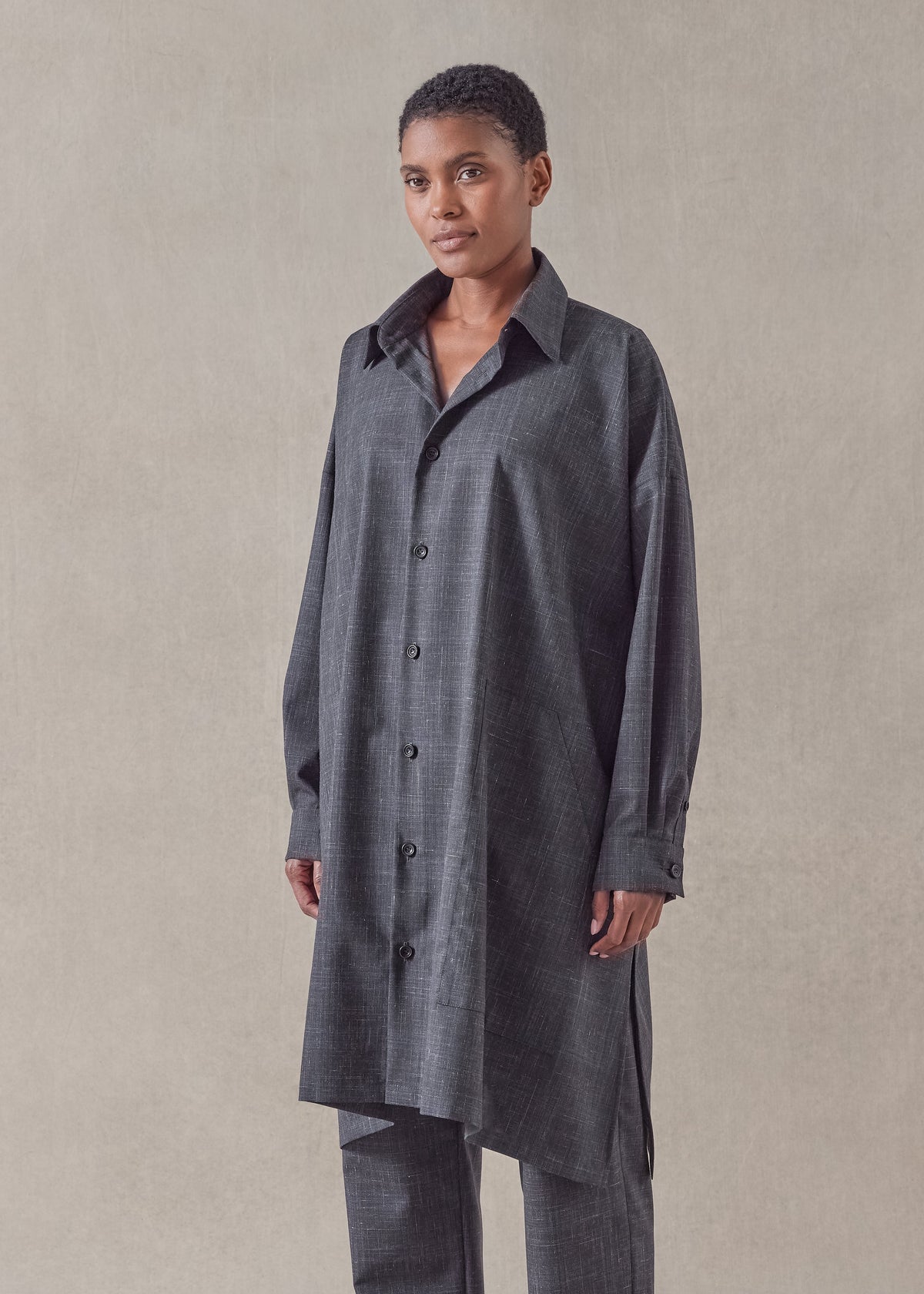 wool linen wide a-line shirt jacket with collar - very long with slits