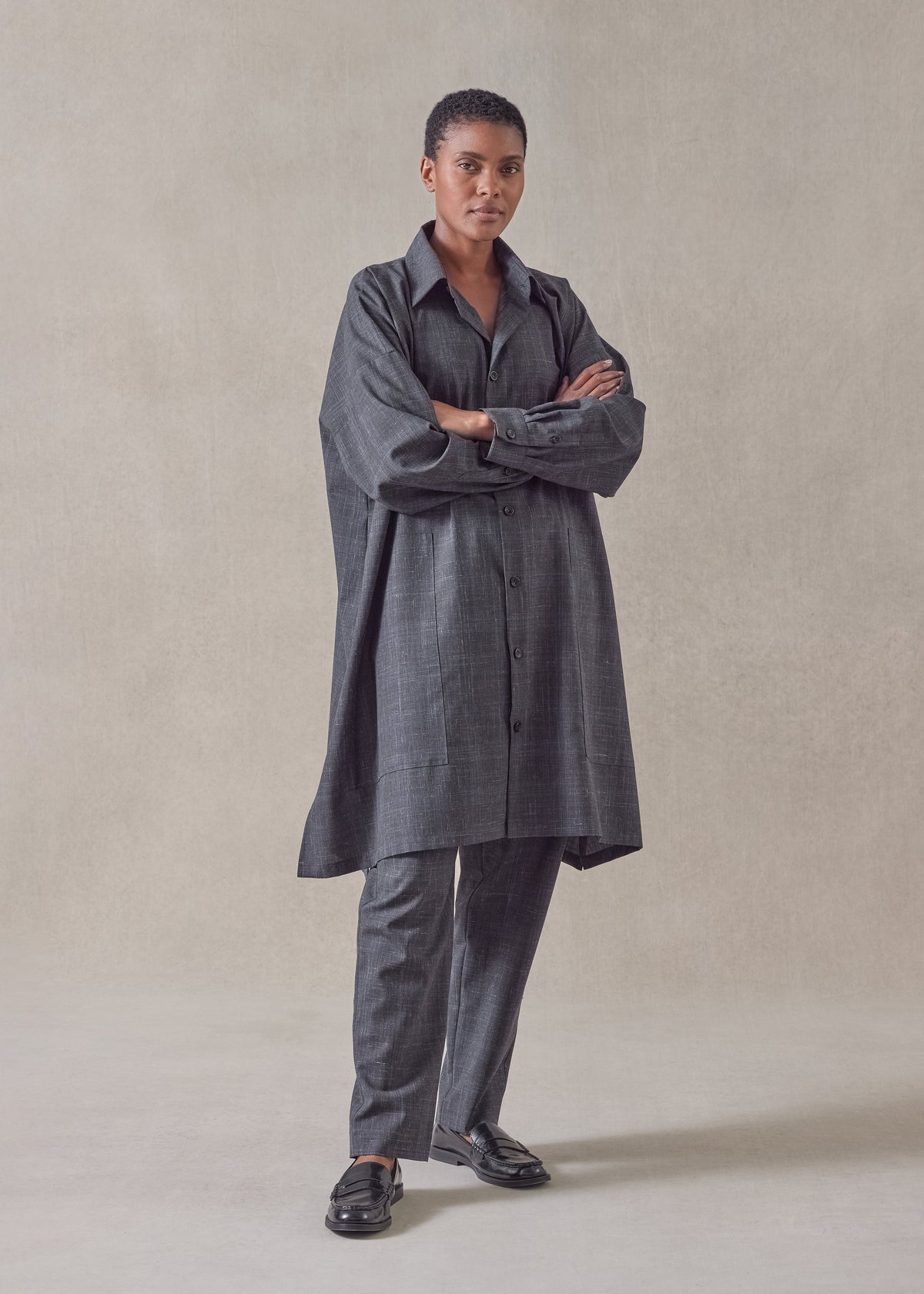 wool linen wide a-line shirt jacket with collar - very long with slits