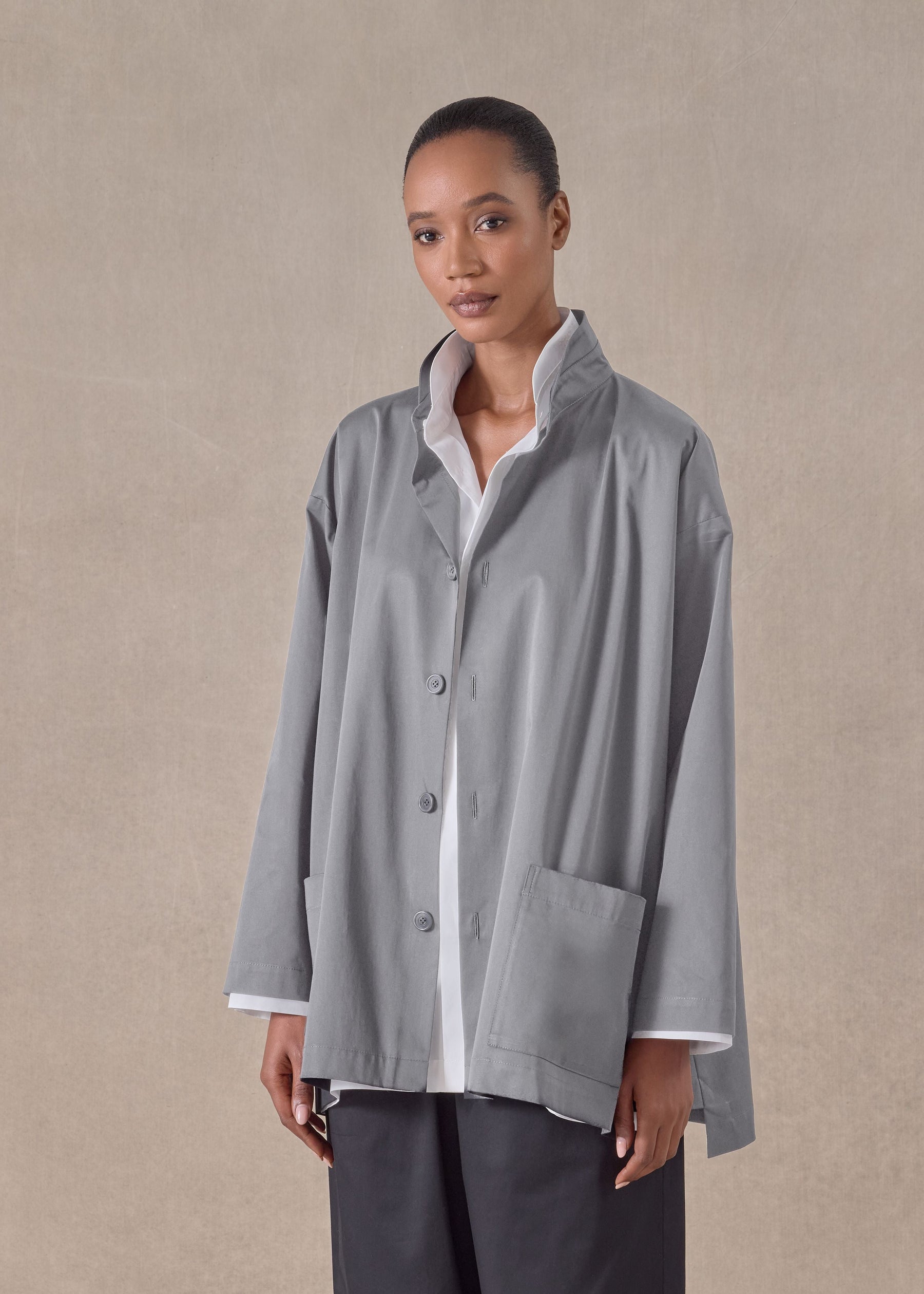 cotton stretch slim a-line double stand collar jacket with stepped insert - long (greypale)