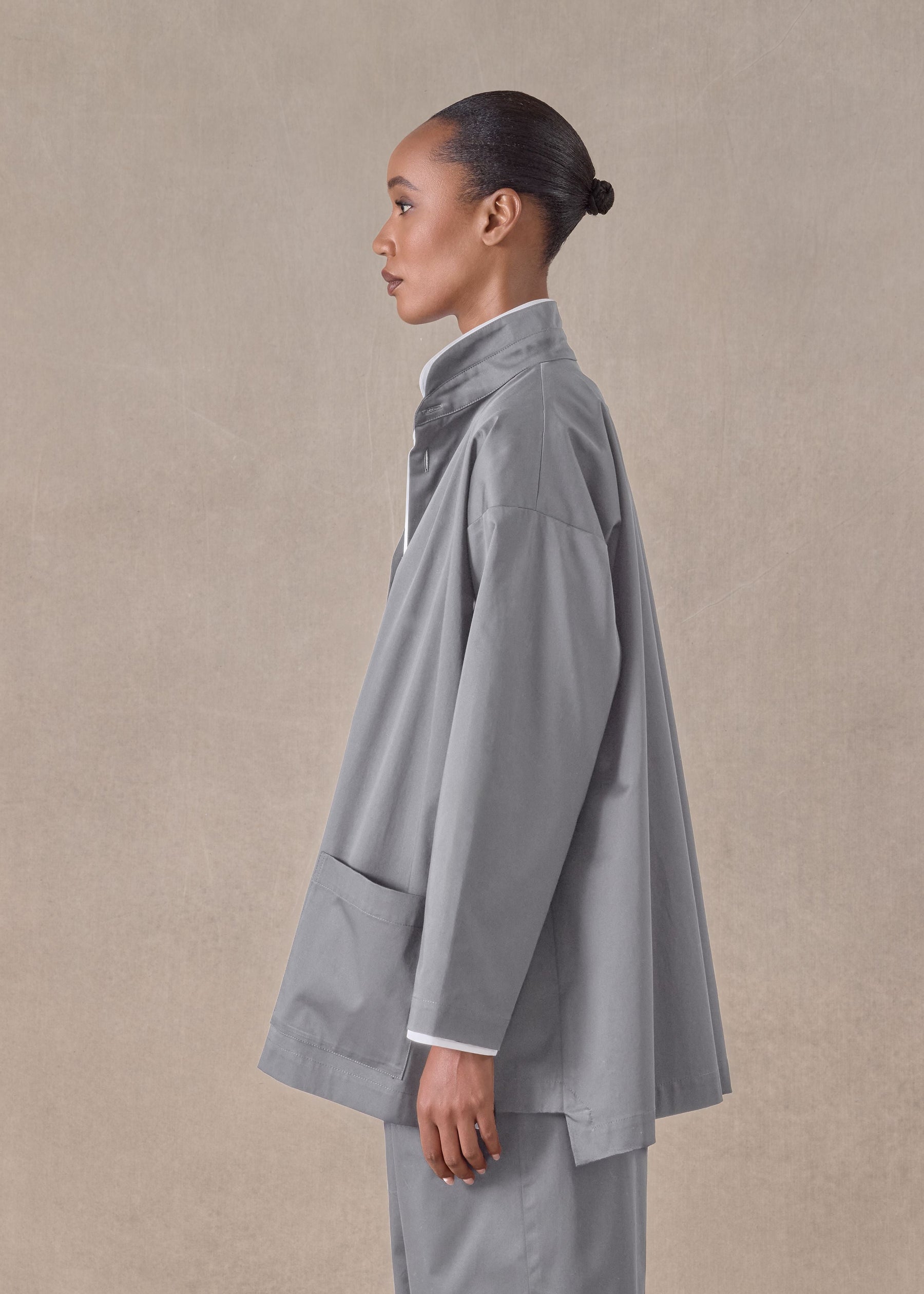 cotton stretch slim a-line double stand collar jacket with stepped insert - long (greypale)