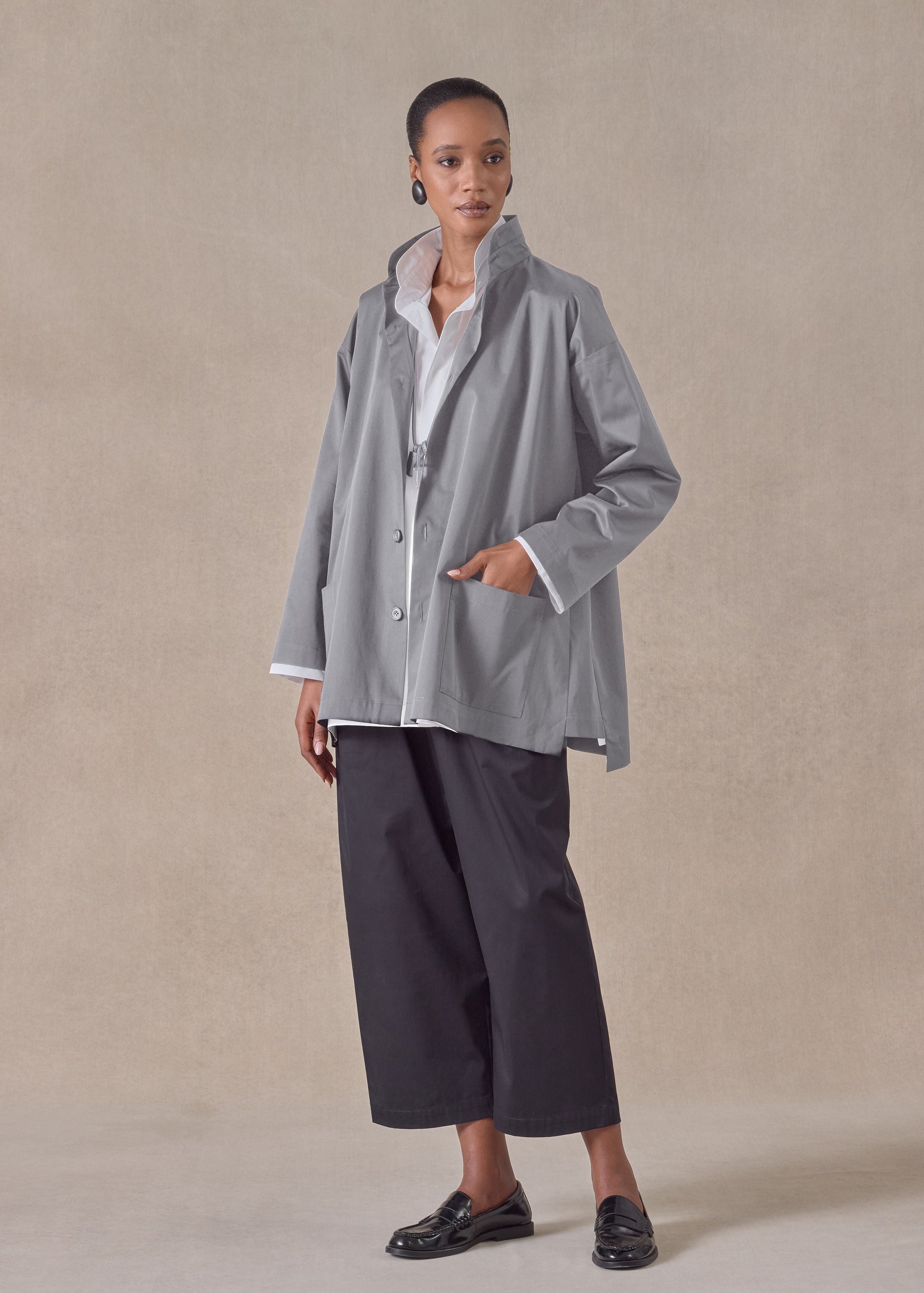 cotton stretch slim a-line double stand collar jacket with stepped insert - long (greypale)