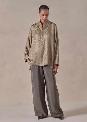 silk mix wide longer back chinese collar shirt - mid plus (olivedark)