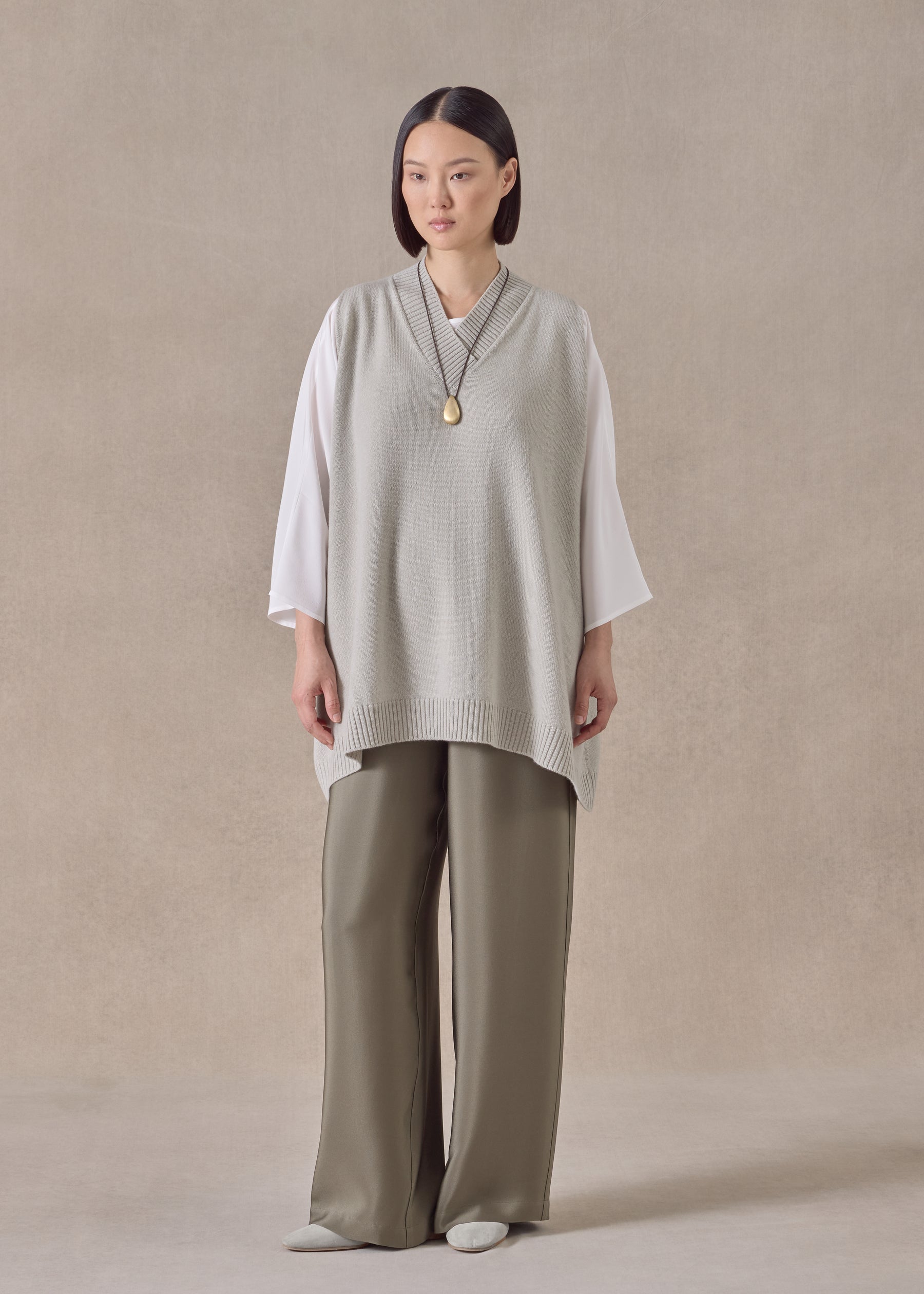 cashmere a-line sleeveless cross over v-neck - long