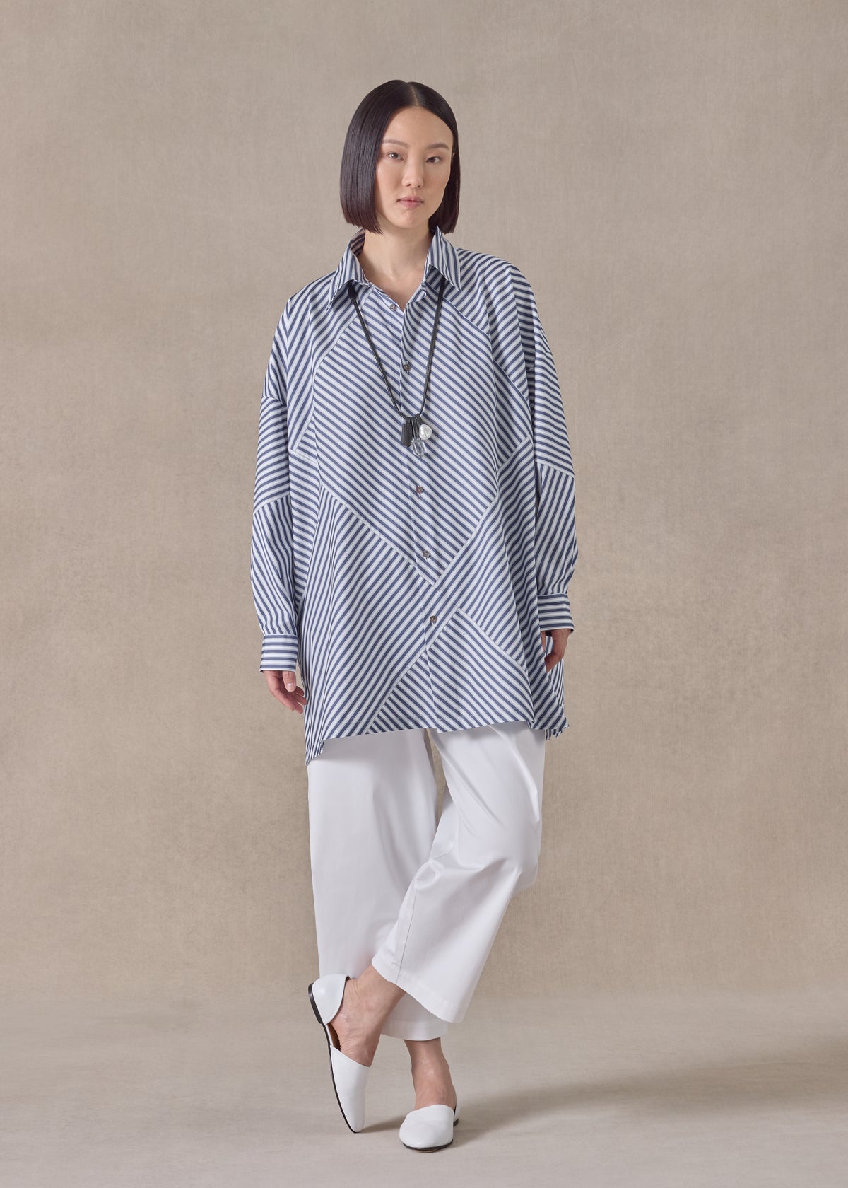 cotton wide a-line shirt with collar - long (patchwork)