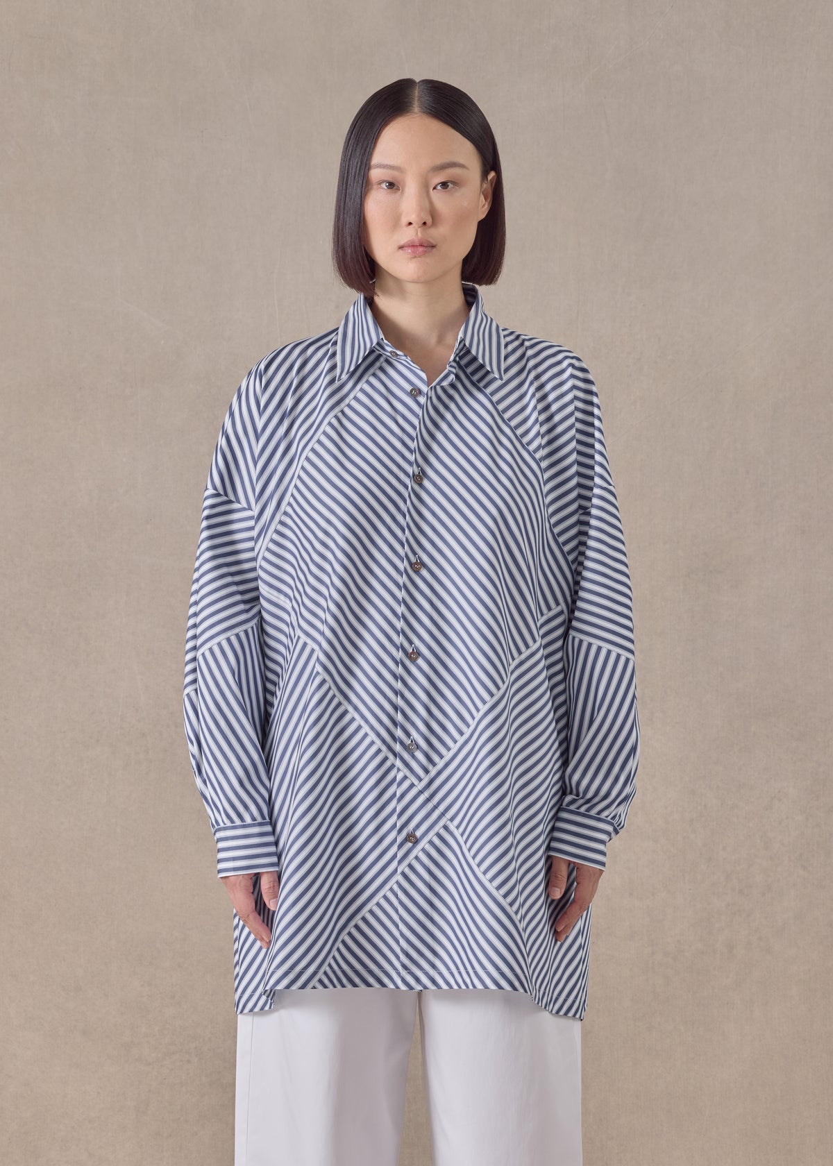 cotton wide a-line shirt with collar - long (patchwork)