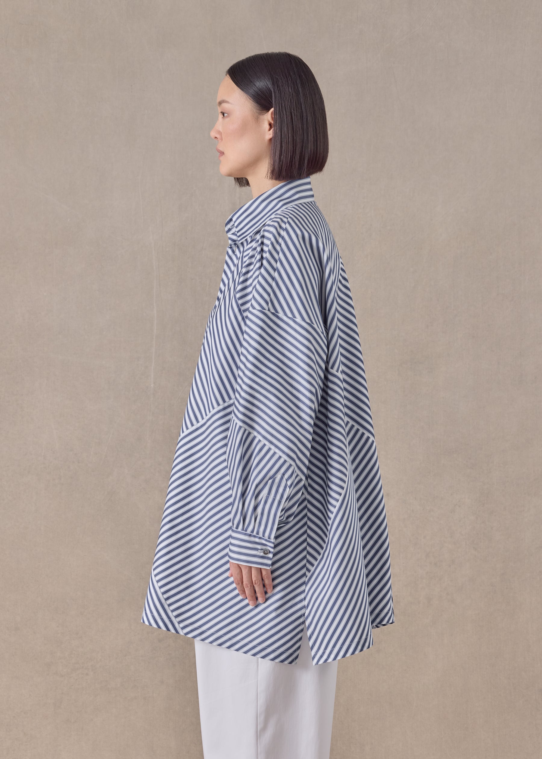 cotton wide a-line shirt with collar - long (patchwork)