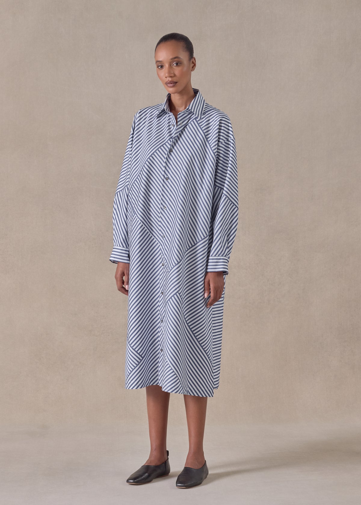 cotton slim a-line long sleeve shirt dress with collar and stepped insert -3/4 length (patchwork)