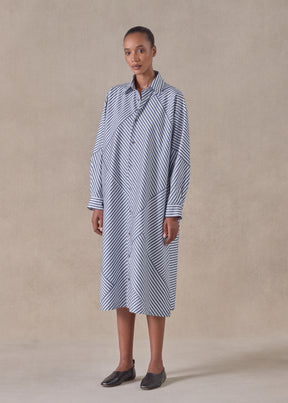 cotton slim a-line long sleeve shirt dress with collar and stepped insert -3/4 length (patchwork)