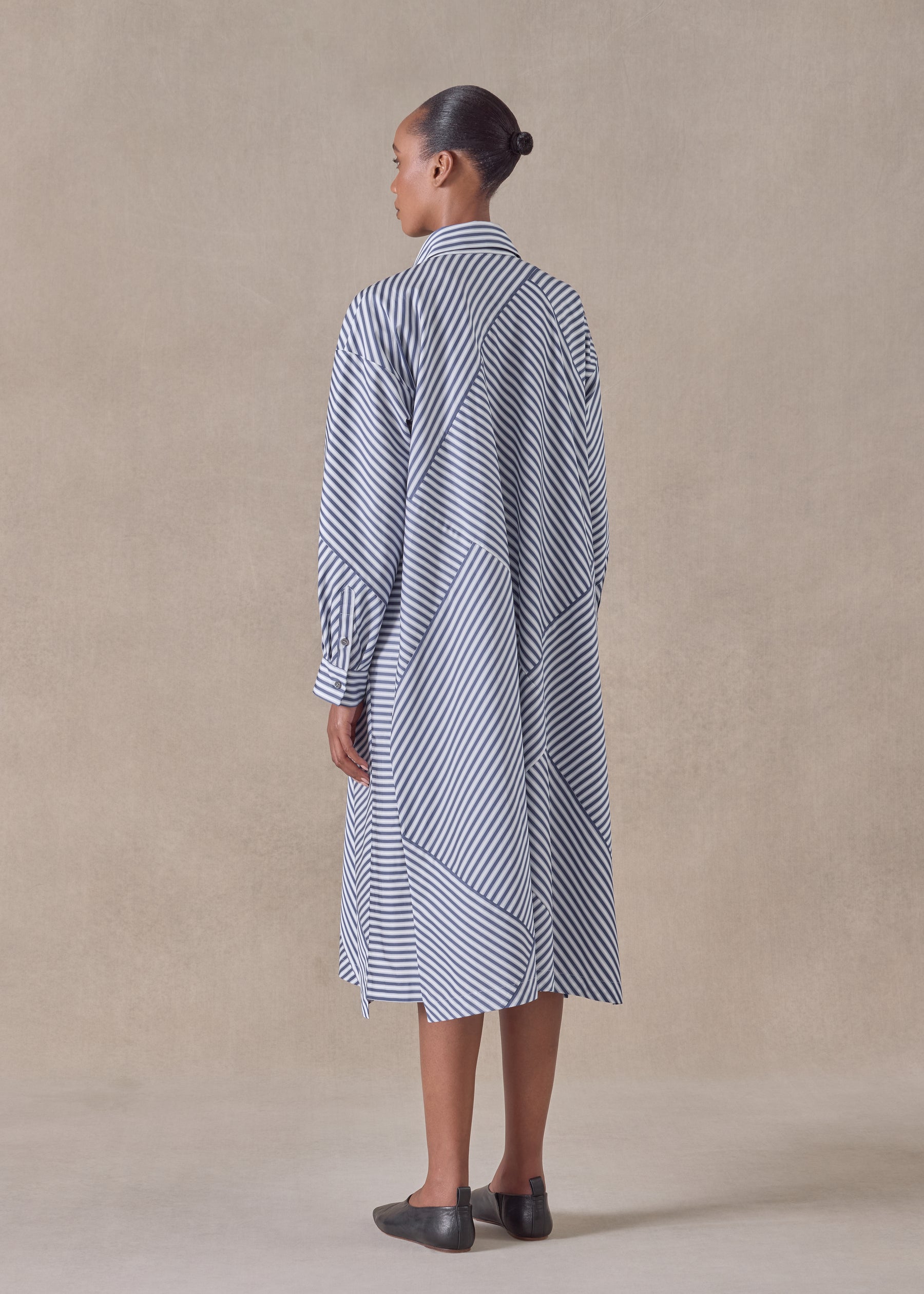 cotton slim a-line long sleeve shirt dress with collar and stepped insert -3/4 length (patchwork)