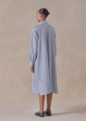 cotton slim a-line long sleeve shirt dress with collar and stepped insert -3/4 length (patchwork)