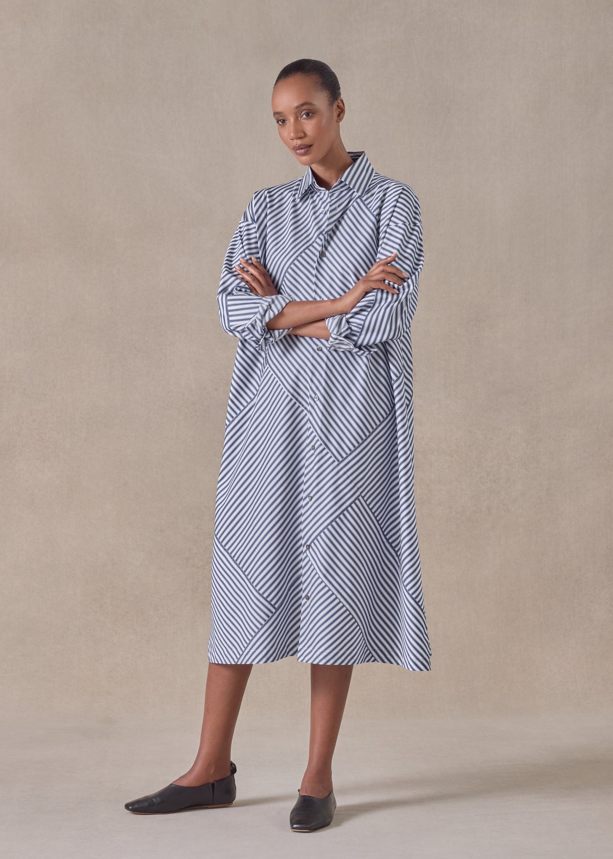 cotton slim a-line long sleeve shirt dress with collar and stepped insert -3/4 length (patchwork)