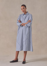 cotton slim a-line long sleeve shirt dress with collar and stepped insert -3/4 length (patchwork)