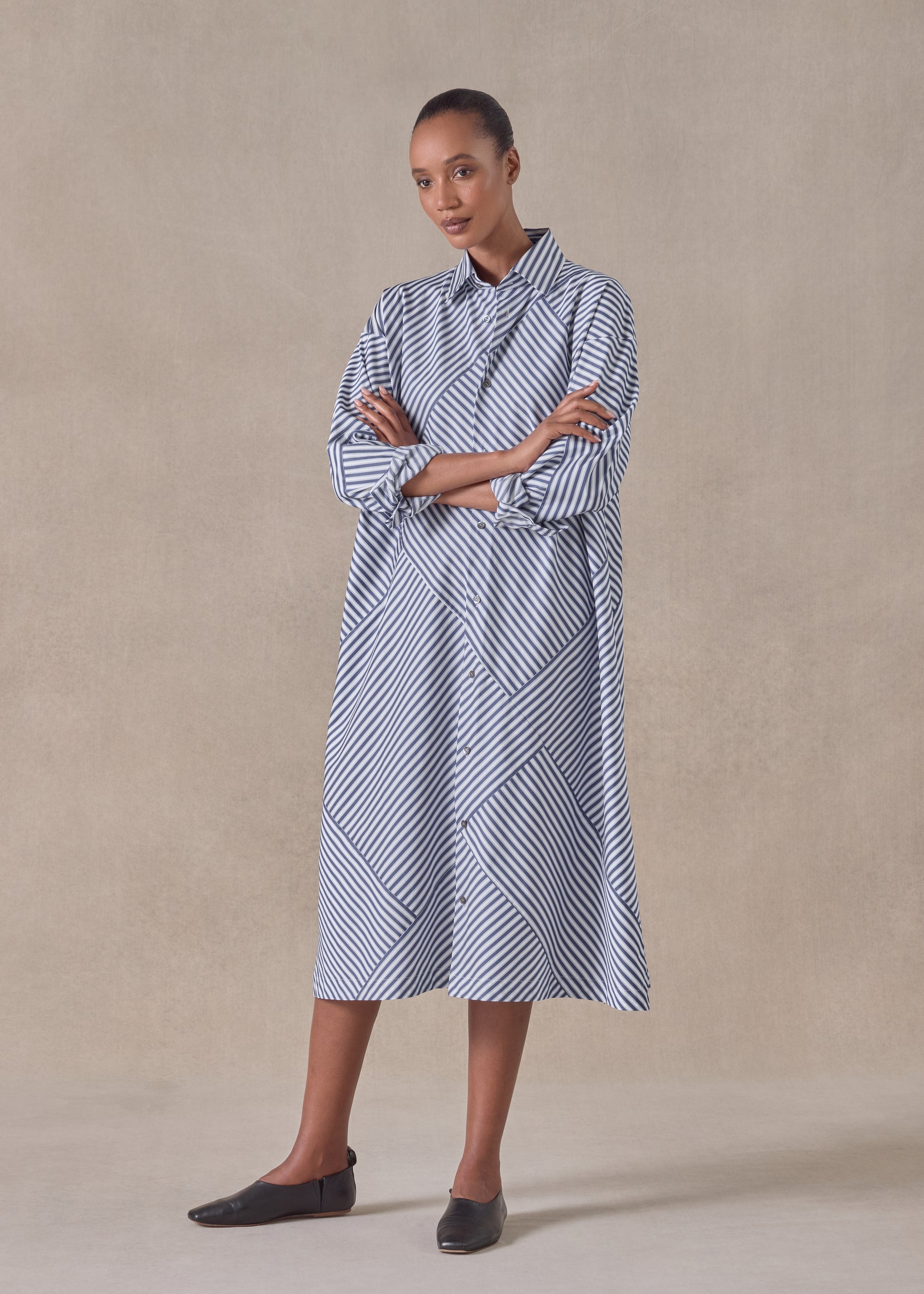 cotton slim a-line long sleeve shirt dress with collar and stepped insert -3/4 length (patchwork)