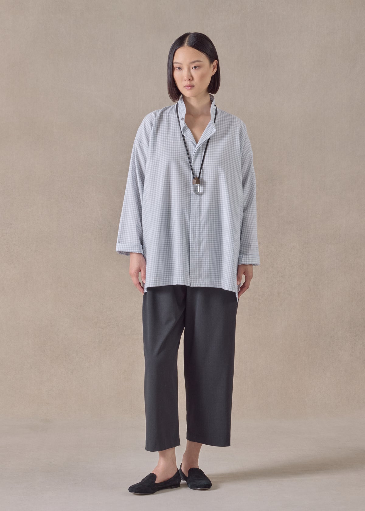 cotton slim a-line shirt with double stand collar and stepped insert - long