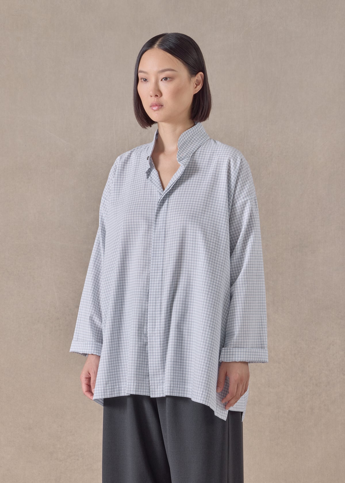 cotton slim a-line shirt with double stand collar and stepped insert - long