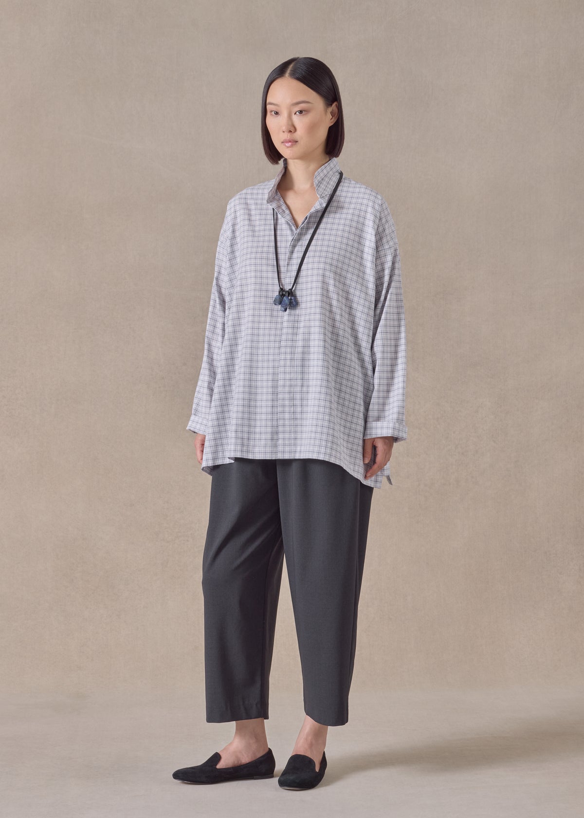 cotton slim a-line shirt with double stand collar and stepped insert - long