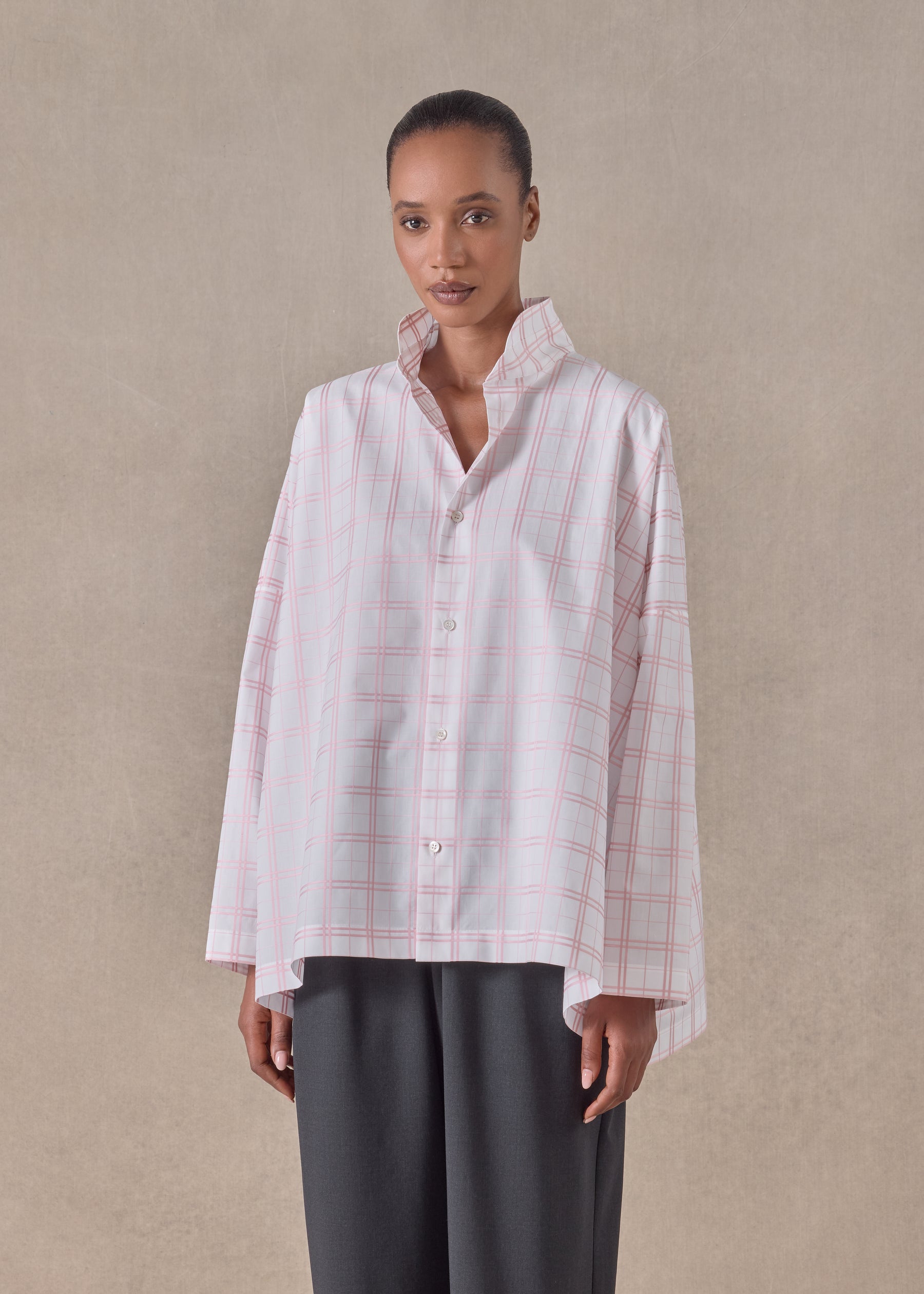 cotton wide longer back shirt with double stand collar - mid plus