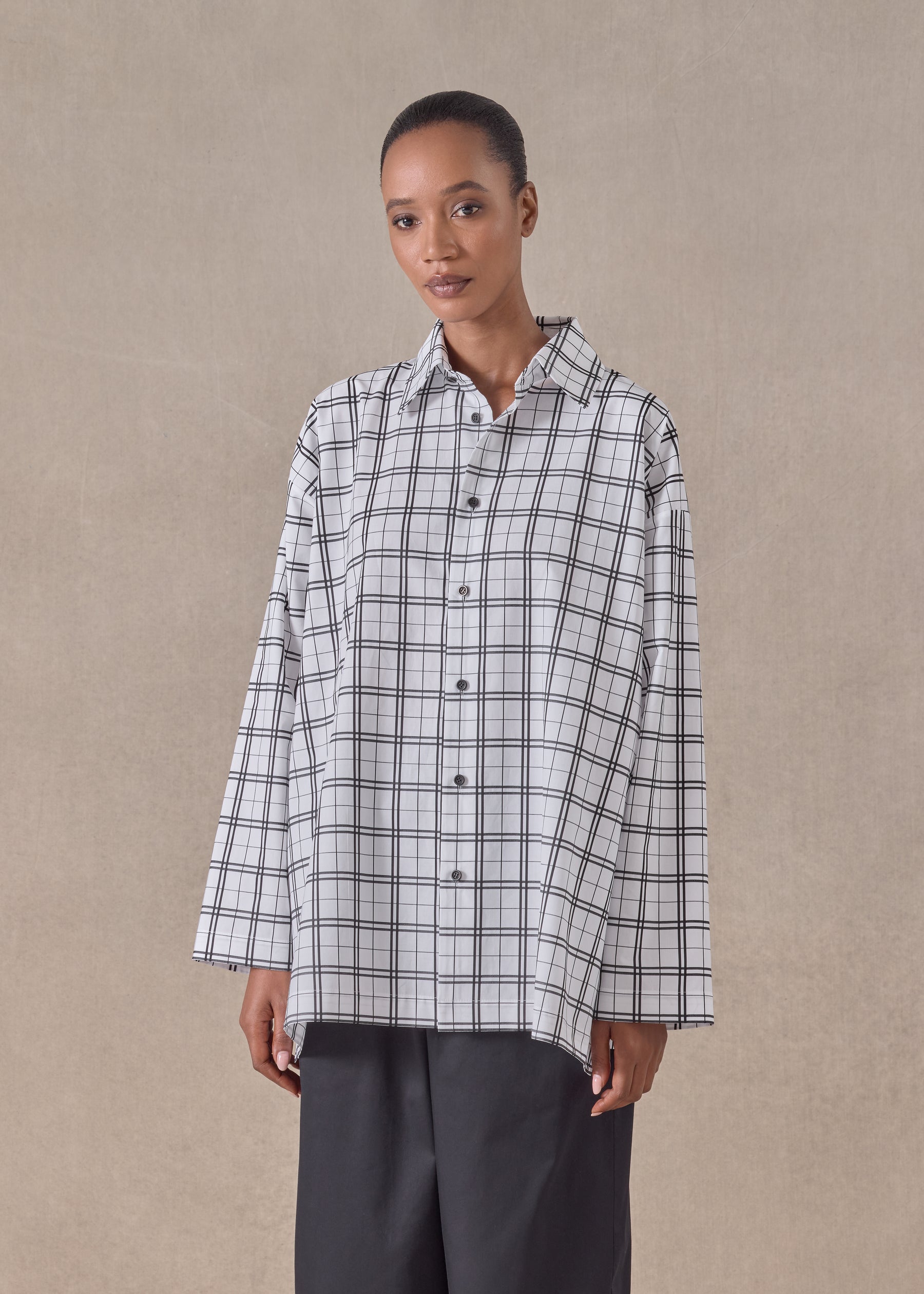 cotton slim a-line shirt with collar and stepped insert - long