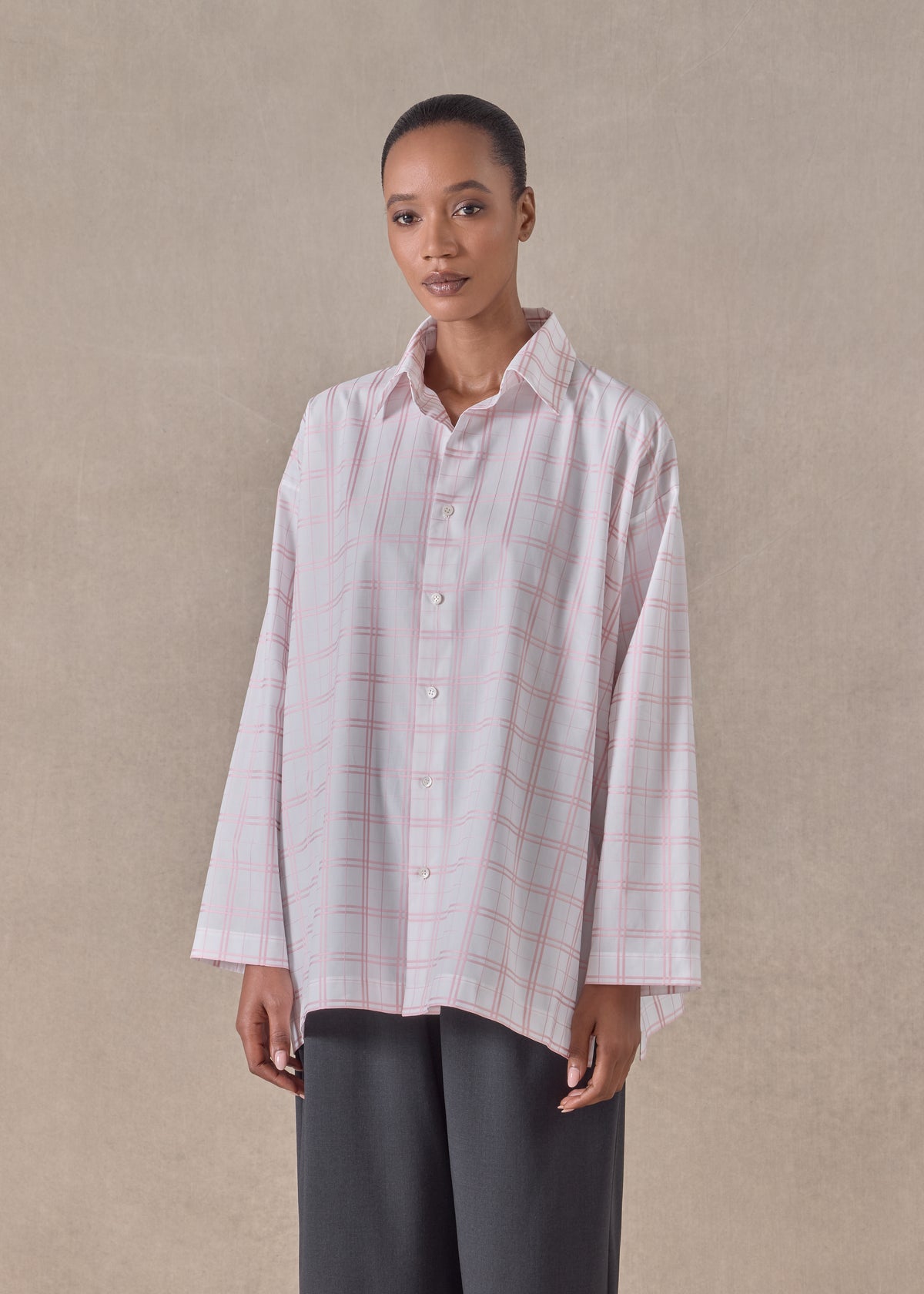 cotton slim a-line shirt with collar and stepped insert - long