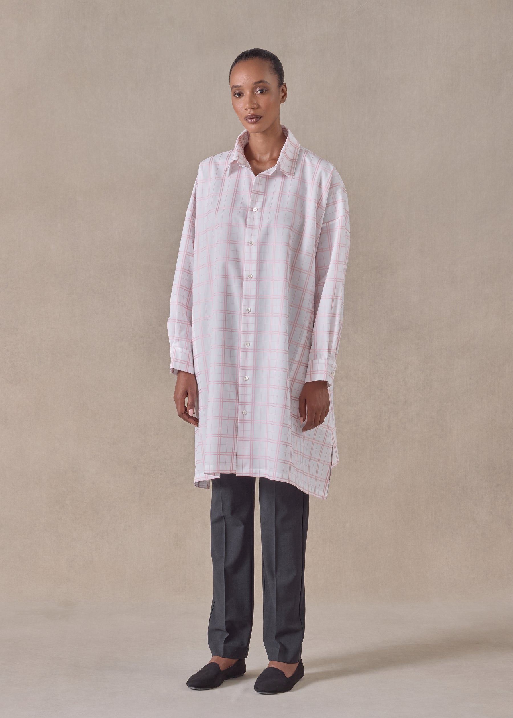 cotton wide a-line shirt with collar - very long with slits