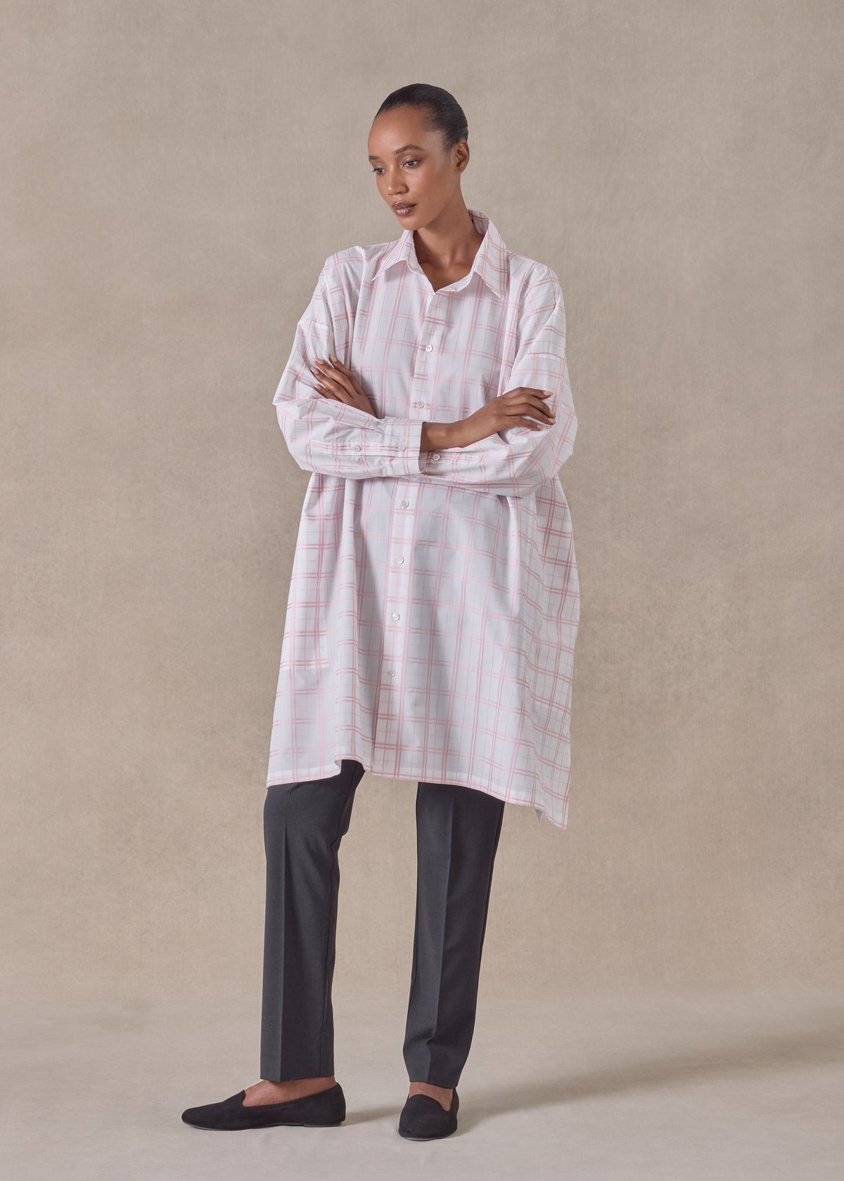 cotton wide a-line shirt with collar - very long with slits