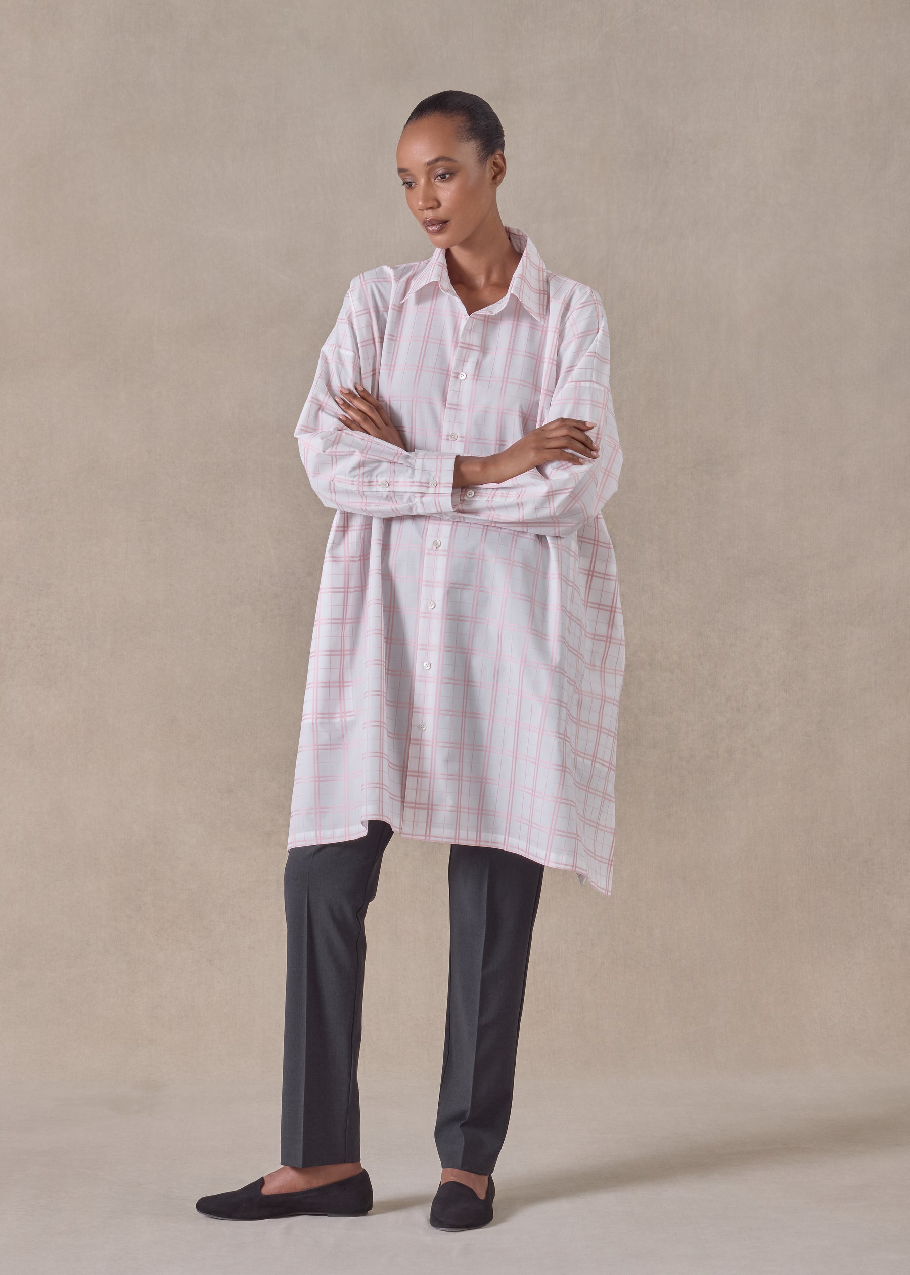 cotton wide a-line shirt with collar - very long with slits