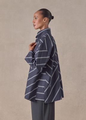cotton slim a-line double stand collar shirt with stepped insert (patchwork)