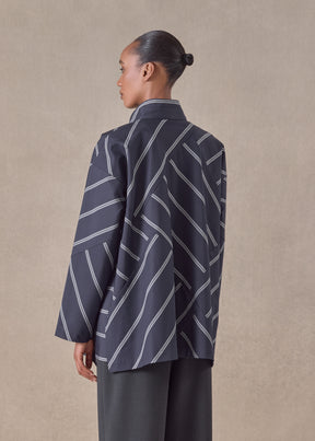 cotton slim a-line double stand collar shirt with stepped insert (patchwork)