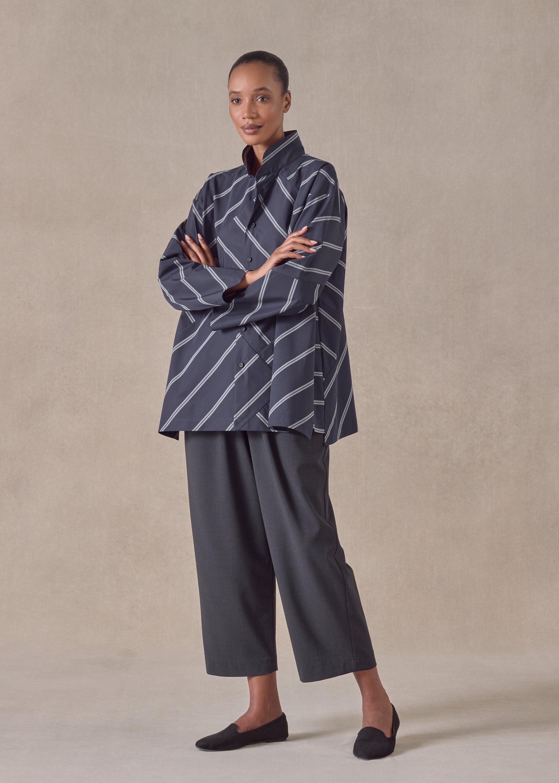 cotton slim a-line double stand collar shirt with stepped insert (patchwork)