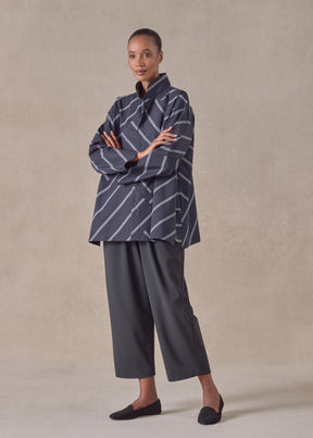 cotton slim a-line double stand collar shirt with stepped insert (patchwork)