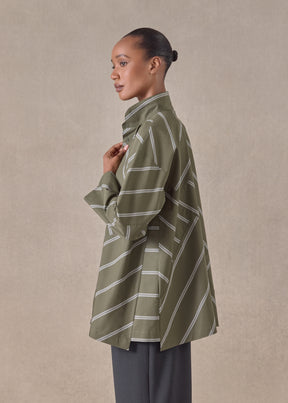 cotton slim a-line double stand collar shirt with stepped insert (patchwork)