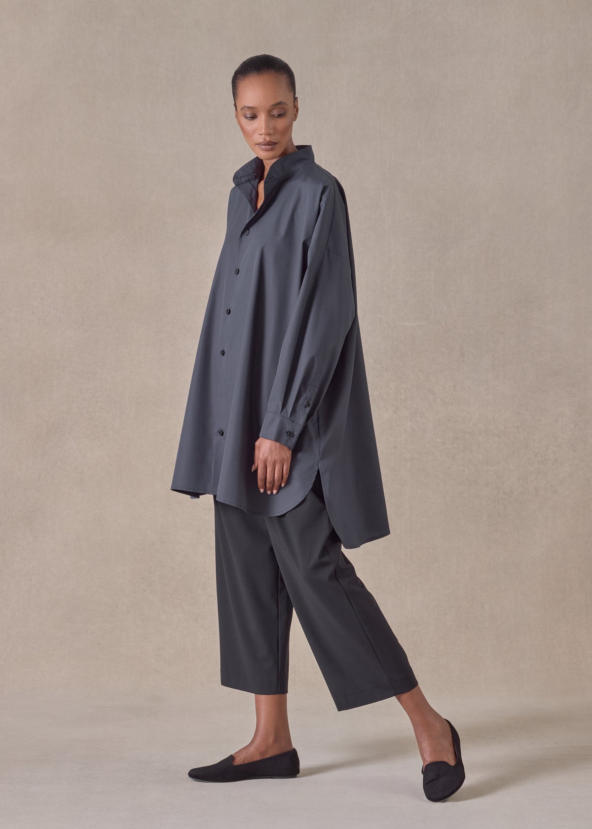 cotton wide a-line collarless classic shirt - long plus