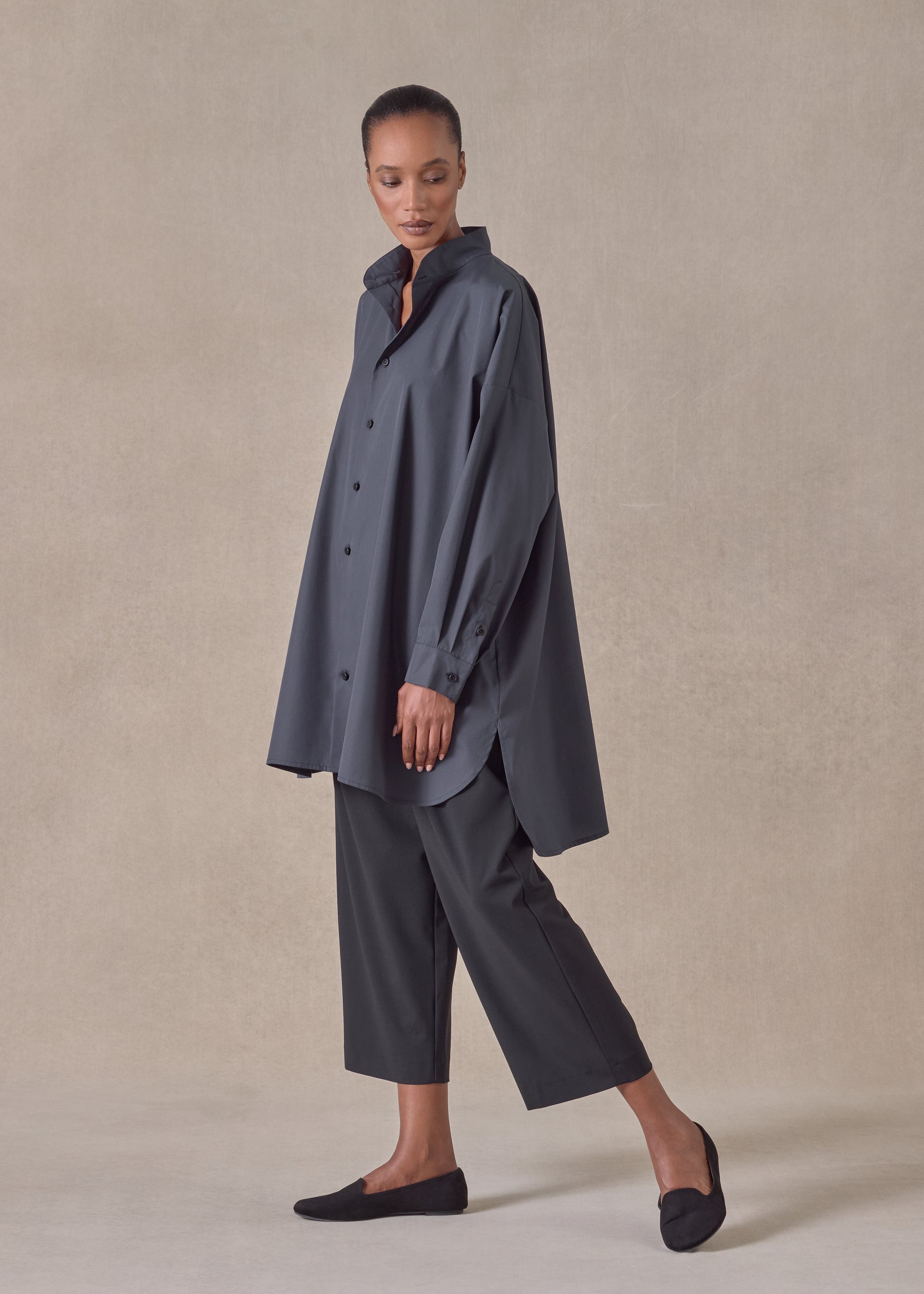 cotton wide a-line collarless classic shirt - long plus