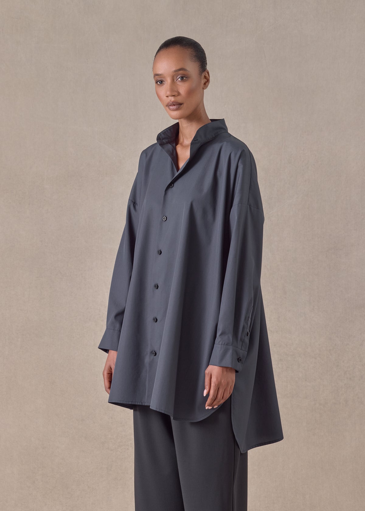 cotton wide a-line collarless classic shirt - long plus