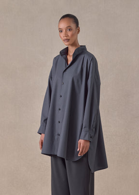 cotton wide a-line collarless classic shirt - long plus