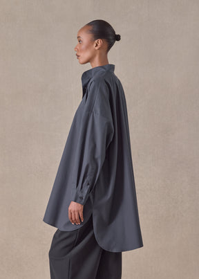 cotton wide a-line collarless classic shirt - long plus