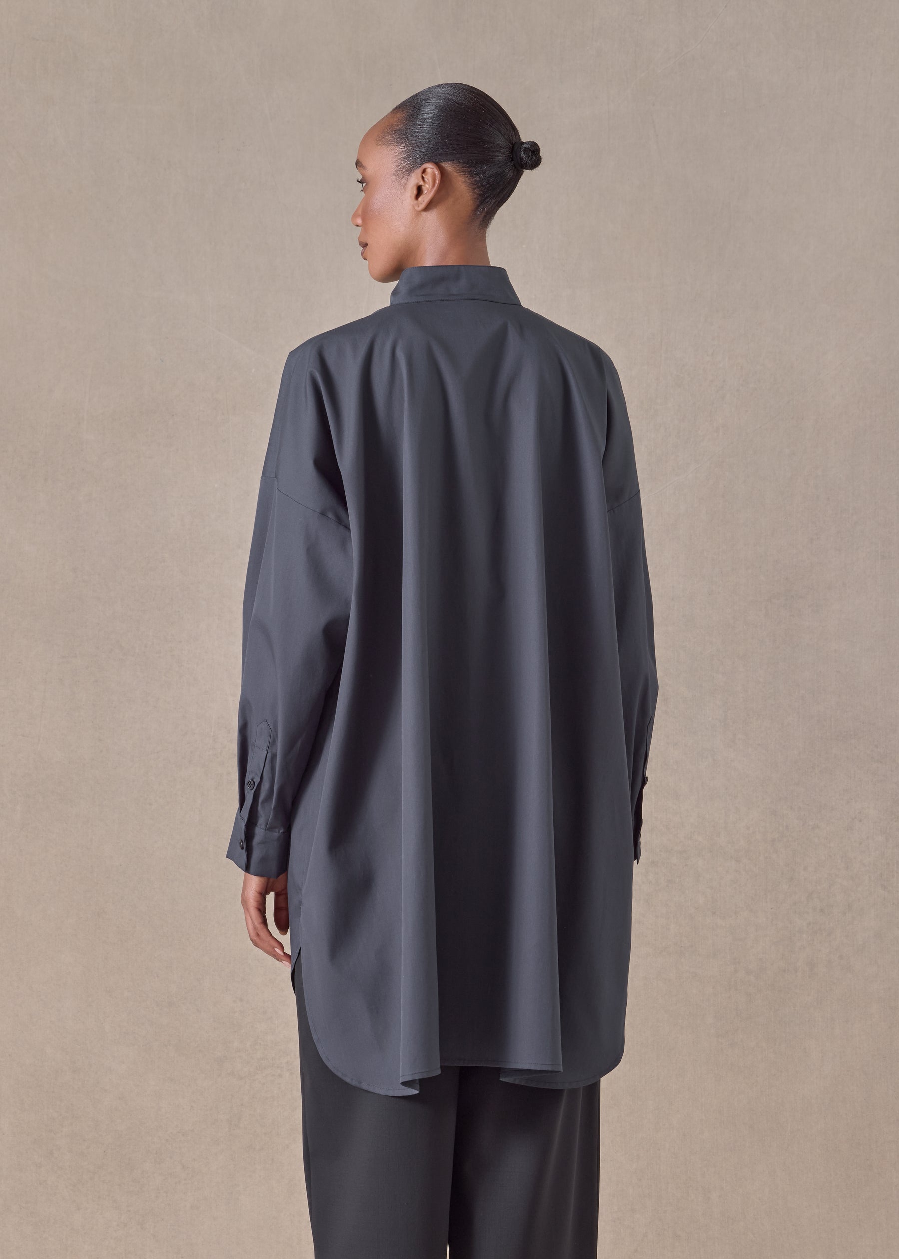 cotton wide a-line collarless classic shirt - long plus