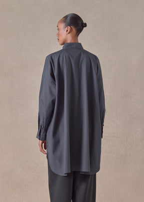 cotton wide a-line collarless classic shirt - long plus