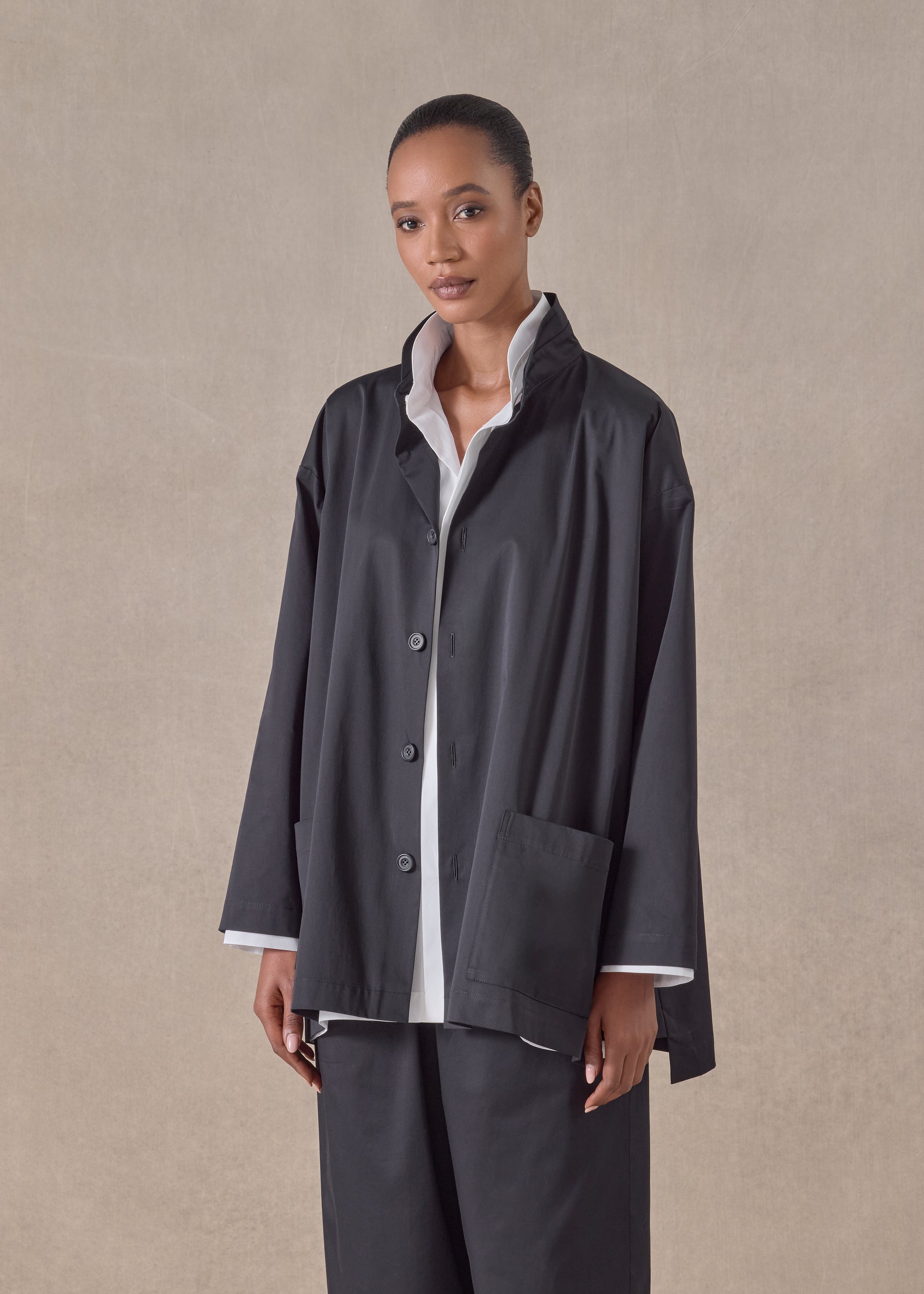 cotton mix silm a-line double stand collar jacket with stepped insert - long