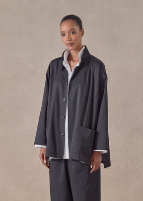 cotton mix silm a-line double stand collar jacket with stepped insert - long