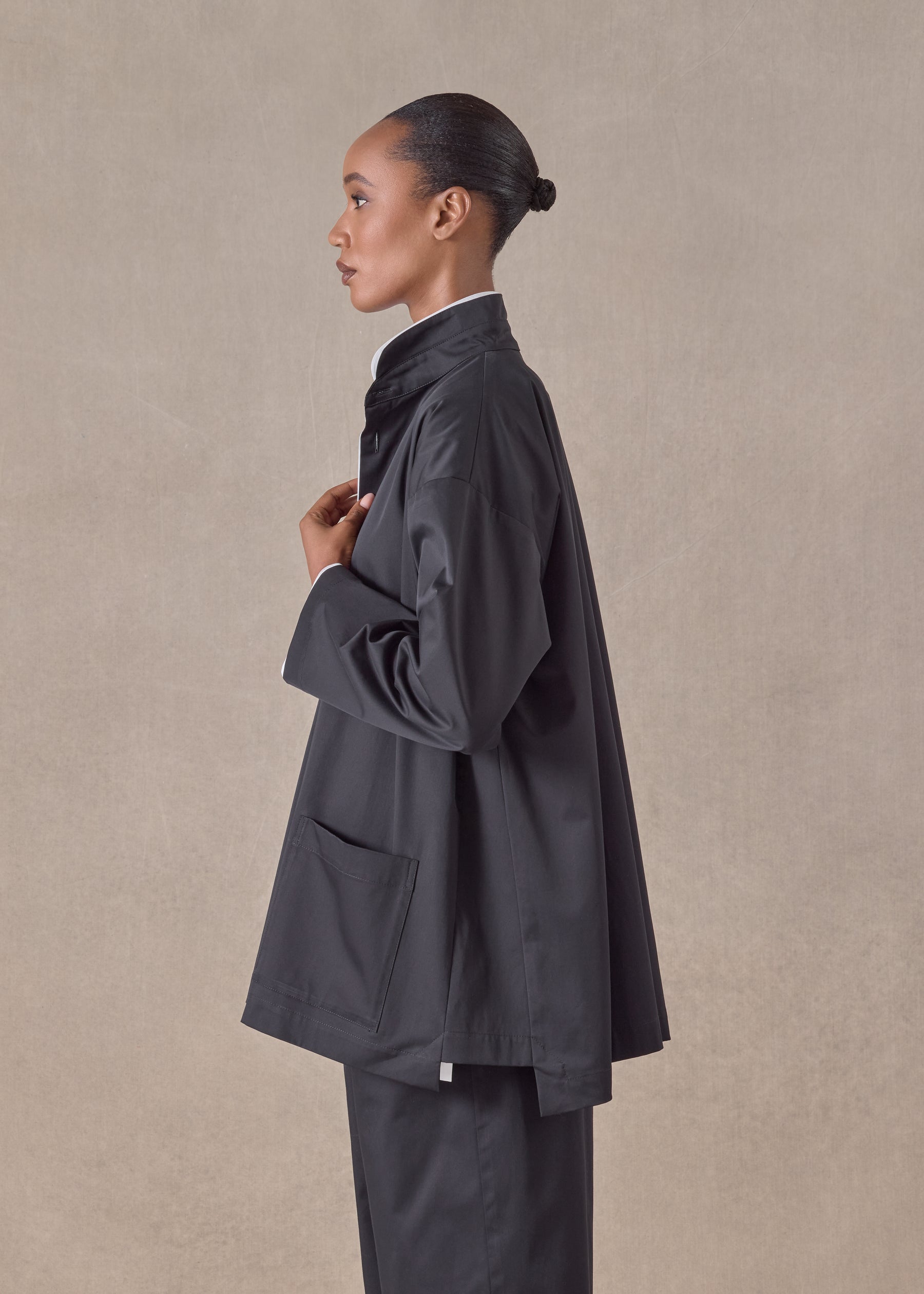 cotton mix silm a-line double stand collar jacket with stepped insert - long