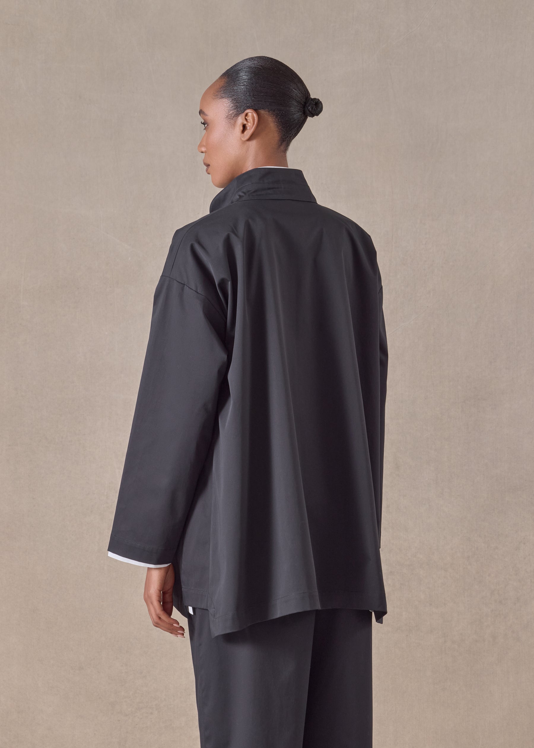 cotton mix silm a-line double stand collar jacket with stepped insert - long