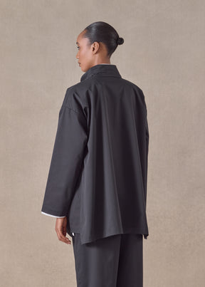 cotton mix silm a-line double stand collar jacket with stepped insert - long