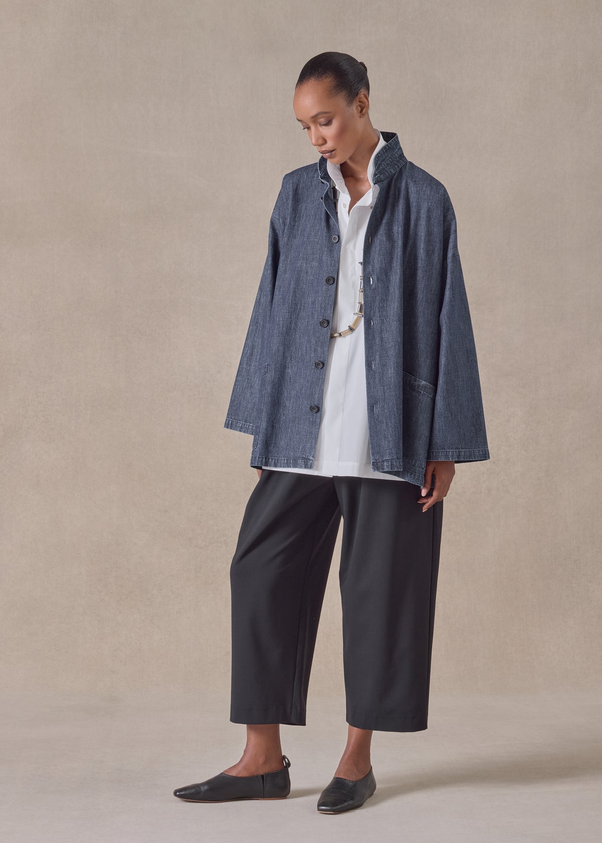 cotton angle to front double stand collar jacket - long