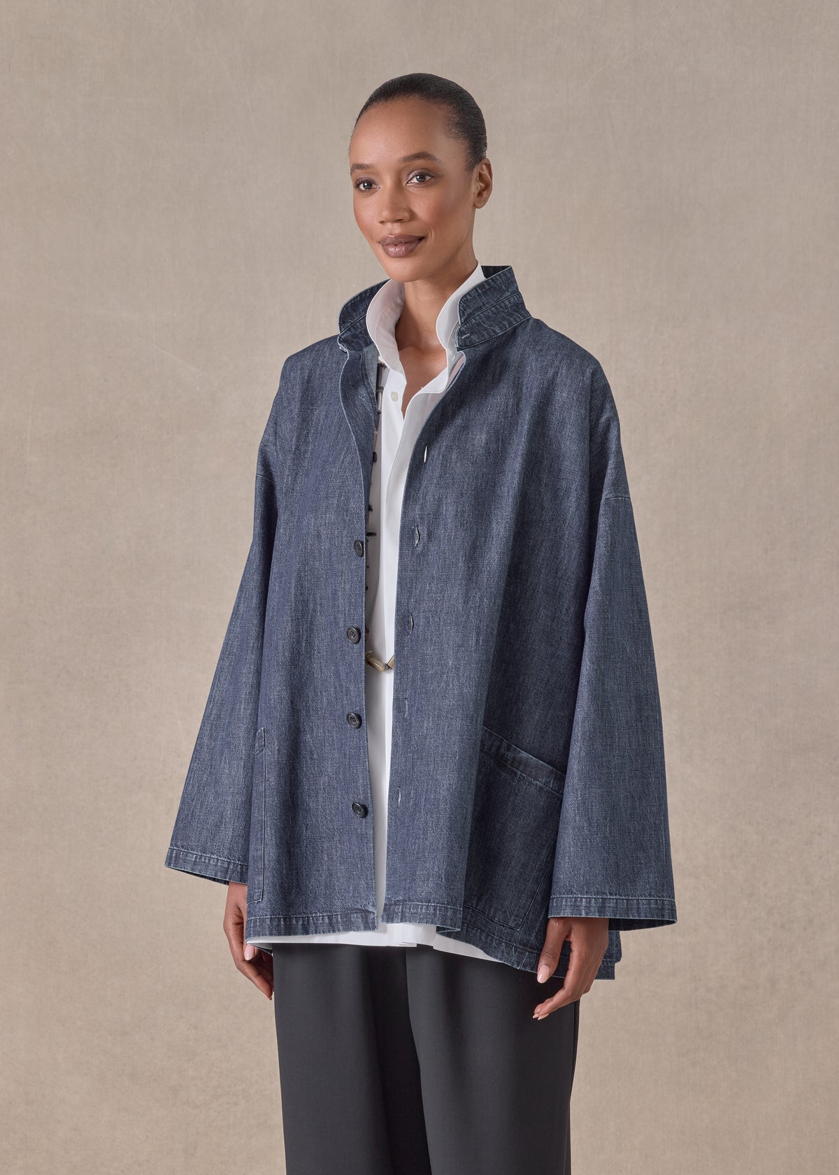 cotton angle to front double stand collar jacket - long