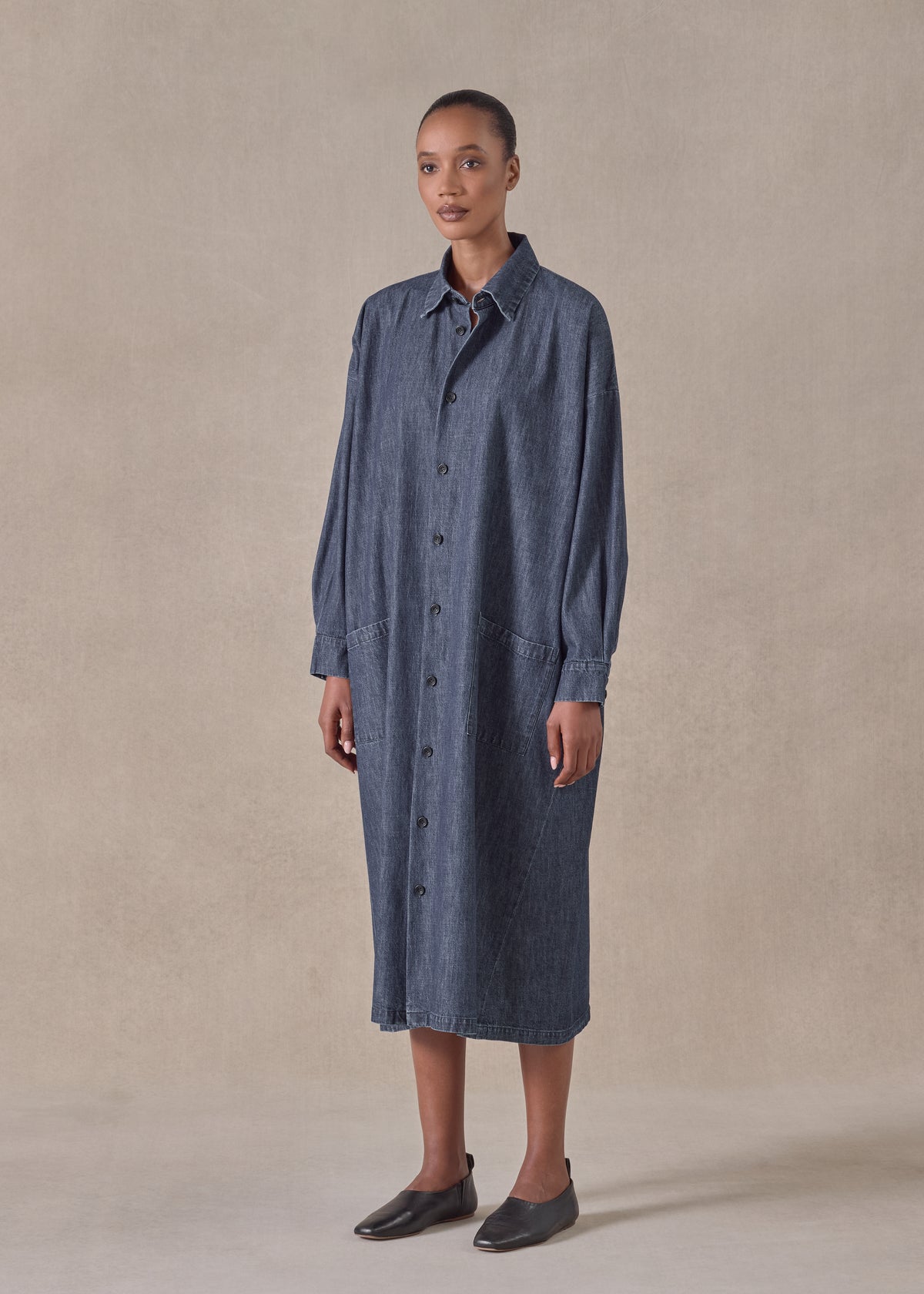 cotton angle to front side seam shirt dress with collar